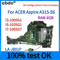 LA-J801P.For ACER Aspire A315-56 Laptop Motherboard.With CPU:I3-1005G1 I5-1035G1 I7-1065G7 RAM:4G DDR4 100% Tested