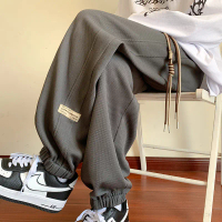 2024 Autumn Trendy Waffle Pants Men Loose Versatile Nine-point Cuffed Sweatpants Youth Casual Sports