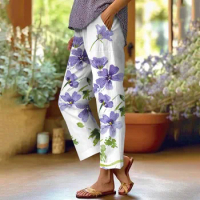 Flower Print Women Cotton Linen Pants Pockets Pants Straight Casual Long Women Pants High Waist Loose Women's New Pants 2024