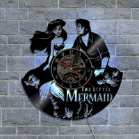 3D黑膠時鐘卡通可愛美人魚Mermaid唱片掛鐘創意復古懷舊家居藝術裝飾靜音LED牆鍾七色夜燈禮物