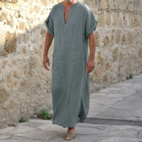 SDKMen's Jubba Thobe Kaftan Muslim Arab islam v-neck lengan pendek Linen kapas pepejal jubah Muslim 