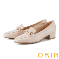 ORIN 手工縫線牛皮飾釦中跟樂福鞋 粉色