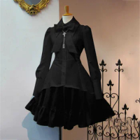 Vintage Victorian Gothic Lolita Dress for Women Halloween Costumes Bow Lapel Shirt Party A Line Dress Long Sleeve Party Dress