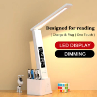 LED Desk Lamp USB Dimmable Touch with Calendar Temperature Clock Night Light Foldable Table Lamp for Study Reading Lamp