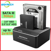 RSHTECH Hard Drive Docking Station Aluminum Dual Bay for 2.5/3.5 Inch SATA I/II/III HDD SSD Support 2x 16TB Hard Drives