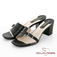 【CUMAR】情迷哈瓦那 - 異材質拼接PVC透明感粗跟高跟涼拖鞋(黑)