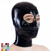 Latex Mask with Transparent Clear Face Rubber Headwear Hood Red Latex hood with micro perforations