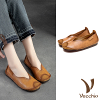 【Vecchio】真皮便鞋 平底便鞋/全真皮頭層牛皮復古寬楦立體圓頭V口平底便鞋(卡其)