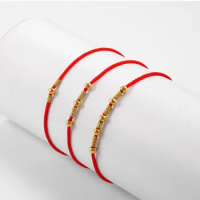 1pcs Pure Gold 999 Glossy Bead 3mm Red String Bracelet For Women Female DIY Couple Lover Black Rope Chain