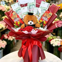 Buket Wisuda Boneka Snack Pocky dan Uang mainan Maroon