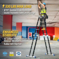 Folding Step Ladder, 7 in 1 Multi-Purpose Folding Adjustable Telescoping Aluminium Extension Ladders, 19.6ft , 530lbs