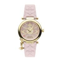 【Vivienne Westwood】金框 淺粉面 淺粉色皮革錶帶 小裝飾設計 小錶盤 女錶 32mm 母親節(VV006PKPK)