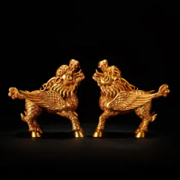 6"Tibetan Temple Collection Old Bronze outline in gold Kirin mythical beast Fire Unicorn a pair office ornament Town house