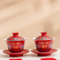 Chinese Red Ceramic Tea Set Gaiwan Hand-painted Flowers Tea Bowl Wooden Tray Household Wedding Teaware Sets Accessories