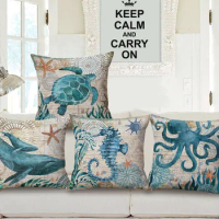 18" Square Vintage Marine Ocean Life Sea Turtle Linen Sea Horse Dolphin Sofa Throw Cushion Cover Octopus Home Decor Pillows Case