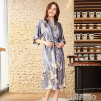 浴袍 絲綢睡袍女夏長款春秋冰絲浴袍加肥加大碼寬鬆睡衣真絲印花家居服 名創家居