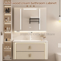 Integrated Bathroom Cabinet Set with Ceramic Washbasin Wall Mounted Wooden Bathroom Dressing Storage Cabinet with Mirror Faucet