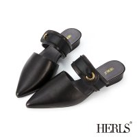 【HERLS】穆勒鞋-全真皮緞帶拼接橫帶尖頭低跟穆勒鞋拖鞋(黑色)