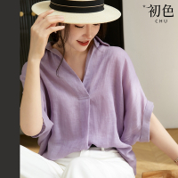 初色 日系V領寬鬆棉麻蝙蝠袖短袖上衣-紫色-69174(M-2XL可選)