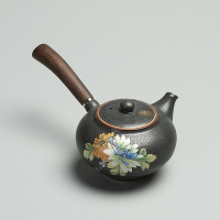 創意木柄日式側把壺 陶瓷茶壺高檔功夫茶具泡茶器窯變泡茶壺過濾