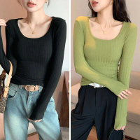 [DM] BJ1608 Pakaian Wanita Knitwear Baju Atasan Lengan Panjang Inner Knit Rib Longsleve Squere Neck 