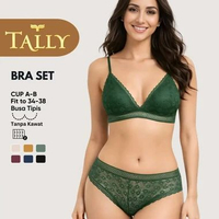 TALLY Bra Set Tanpa Kawat Bahan Brokat Busa Tipis Cup B Bh Set Harian BS 7338 Biru Dongker