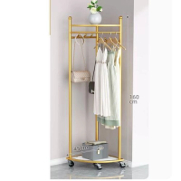 多功能晾衣架 衣帽架 簡約掛衣櫃 曬衣架 【轉角衣帽架-置物板-金色-帶輪子】
