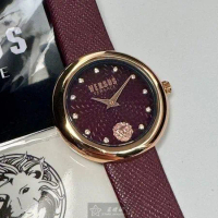 VERSUS VERSACE36mm圓形玫瑰金精鋼錶殼酒紅色錶盤真皮皮革酒紅色錶帶款VV00375