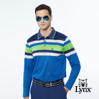 【Lynx Golf】男款歐洲進口布料純棉絲光配色條紋胸袋款長袖POLO衫-藍色