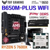 ASUS AMD B650 AM5 Mainboard Kit RYzen 5 7600X Cpu Kingston DDR5 5200Mhz 32GB = 16GB x2pcs Memory TUF GAMING B650M PLUS WIFI