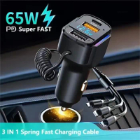 65W USB Car Charger Type C PD 4.0 6 in 1 Super Fast Charging Vehicle Adapter for iPhone Macbook iPad Samsung Huawei OPPO Vivo