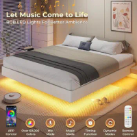 King Size Modern Floating Bed Frame with LED Lights Metal Platform Bed, Strong, Stable &amp; Durable, Easy Assemble