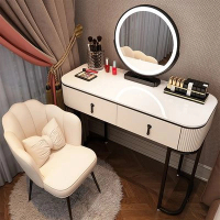 新款輕奢高級北歐網紅ins化妝桌(黑白F100單桌+智能鏡+白花瓣椅)