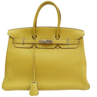 【二手名牌BRAND OFF】HERMES 愛馬仕 黃色 牛皮 Birkin 35 柏金包 手提包 口L刻 銀扣