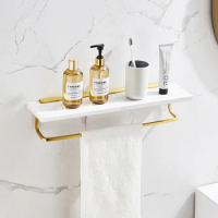 Bathroom Shelf Towel Bar Wall Mounted Bath Shower Shelf Brushed Gold Aluminum and Marble Bath Shampoo Holder Rack Basket Holder