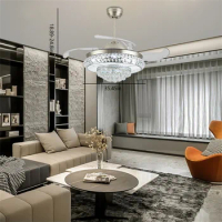 36/42 Inch Crystal Chandelier Retractable Ceiling Fan Light Remote Control W/ Invisible Blades+Remote