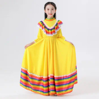 Girl Traditional Mexican Folk Dancer Dress for Kid National Mexico Style Ethnic Dance Dress Costume Bohemia Long Yellow for Kid