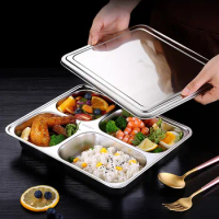 304 Stainless Steel Sections Buffet Plate Separate Compartment Grids Lunch Dinner Dishes Tableware Canteen Supplies With Cover