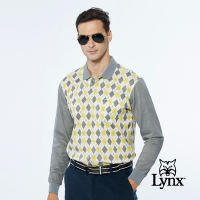 【Lynx Golf】男款純棉雙絲光英倫菱格紋路山貓LOGO胸袋款長袖POLO衫-灰色