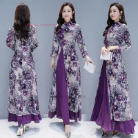 2024 vietnam ao dai dress women chinese traditional dress improved velvet cheongsam floral print banquet wedding evening dress