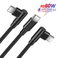 90 Degree Charging Elbow Cable Type c to USB C 3A 60W PD Fast Charging Devices for Macbook Pro Samsung Huawei Xiaomi 0.25/1/2m