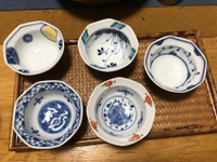 日本中古回流五客杯送茶盤 清秀款手繪釉下青花釉上彩繪撇口茶碗