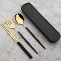 【L Cral】 4pcs Stainless Steel Cutlery Set With Storage Box Black Gold Portable Cutlery Set For Ho