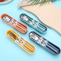 3PCS/Set Cutlery Spoon Fork Chopsticks Lunch Tableware With Box Fixed Buckle 304 Stainless Steel Dinnerware Kitchen Accessories