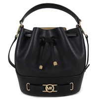 MICHAEL KORS Reed 中款金字圓標MK腰帶鵝卵石紋皮革水桶兩用包(黑色/中)