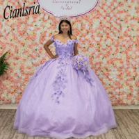 Mexican Lavneder Quinceanera Dress with 3D Floral Applique Vestidos XV Años Sweet 16 Dress Bow robe de soirée