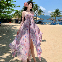 Hawaiian Vacation Style Floral Halter Dress Fairy Strap Dress