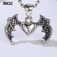 BOCAI 2023 New S925 Sterling Silver Personality Exaggeration Angel's Wing Devil's Heart Pendant Male And Female