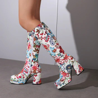 Zipper knee High Boots Women Platform 2023 Winter Sexy Long Boot Flower Print Nightclub Party Fetish Shoes Lady Large Size 48