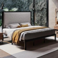Bed with 47 inch high padded headboard and 12 inch storage space under the bed/wooden support/easy to assemble/metal bed frame